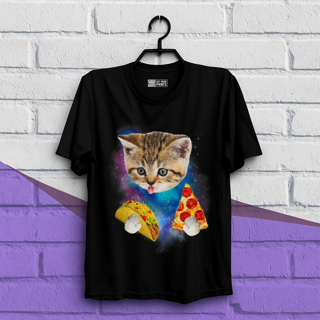 Cat Eat Pizza & Taco in Galaxy Space T-Shirt