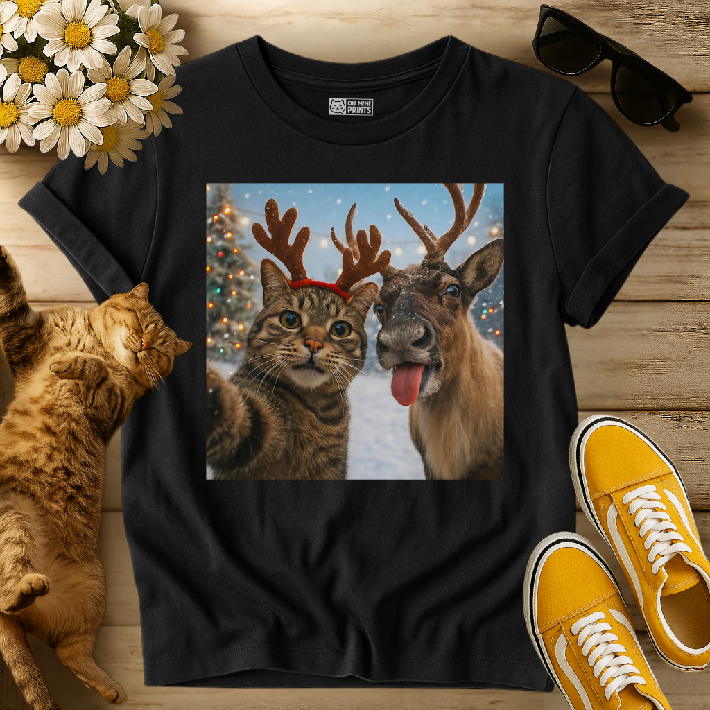 Cat Selfie With Reindeer T-Shirt