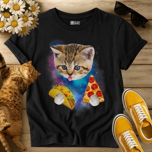 Cat Eat Pizza & Taco in Galaxy Space T-Shirt