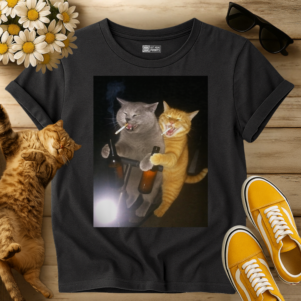 2 Cats Drinking and Smoking on Scooter T-Shirt
