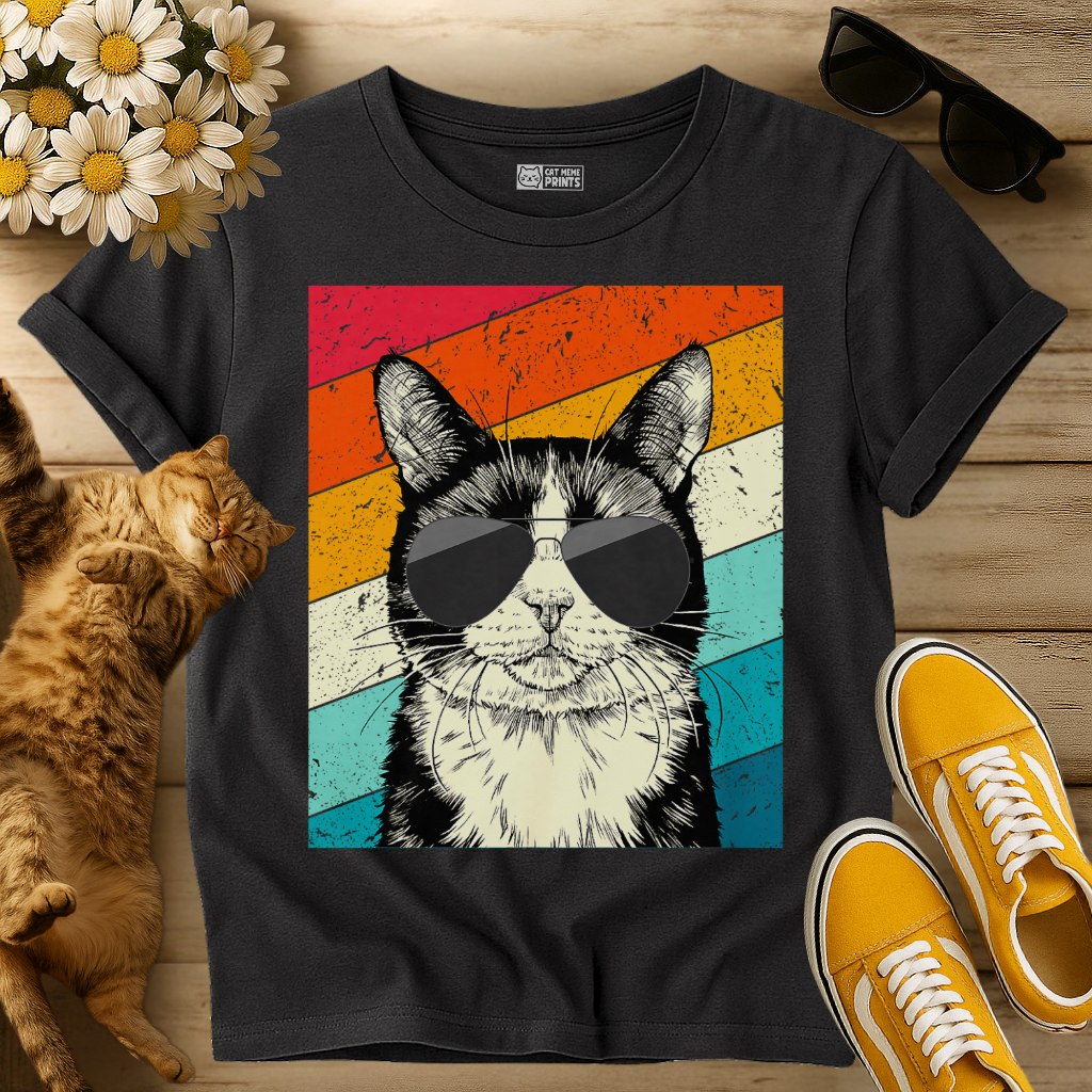 Tuxedo Cat with Sunglasses Retro Vintage T-Shirt