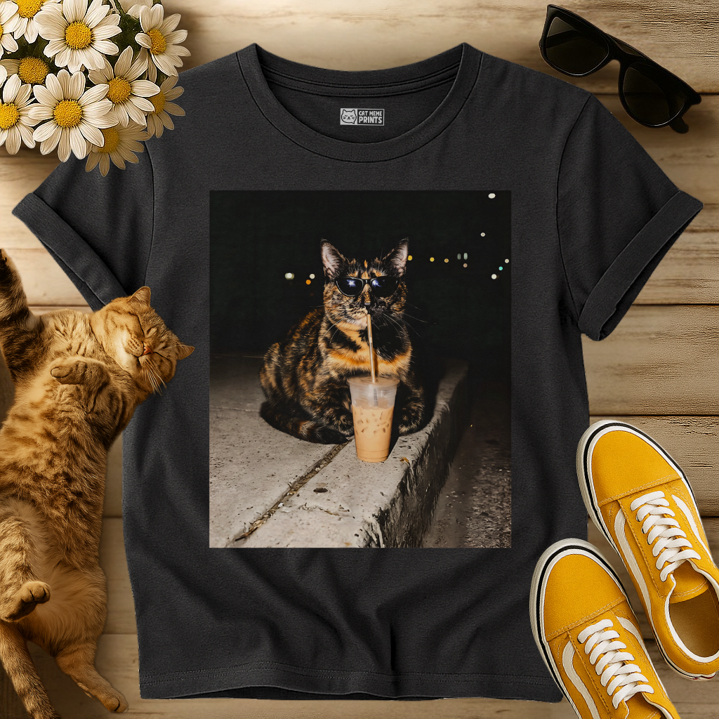 Tortoiseshell Cat Drinking Iced Coffee T-Shirt