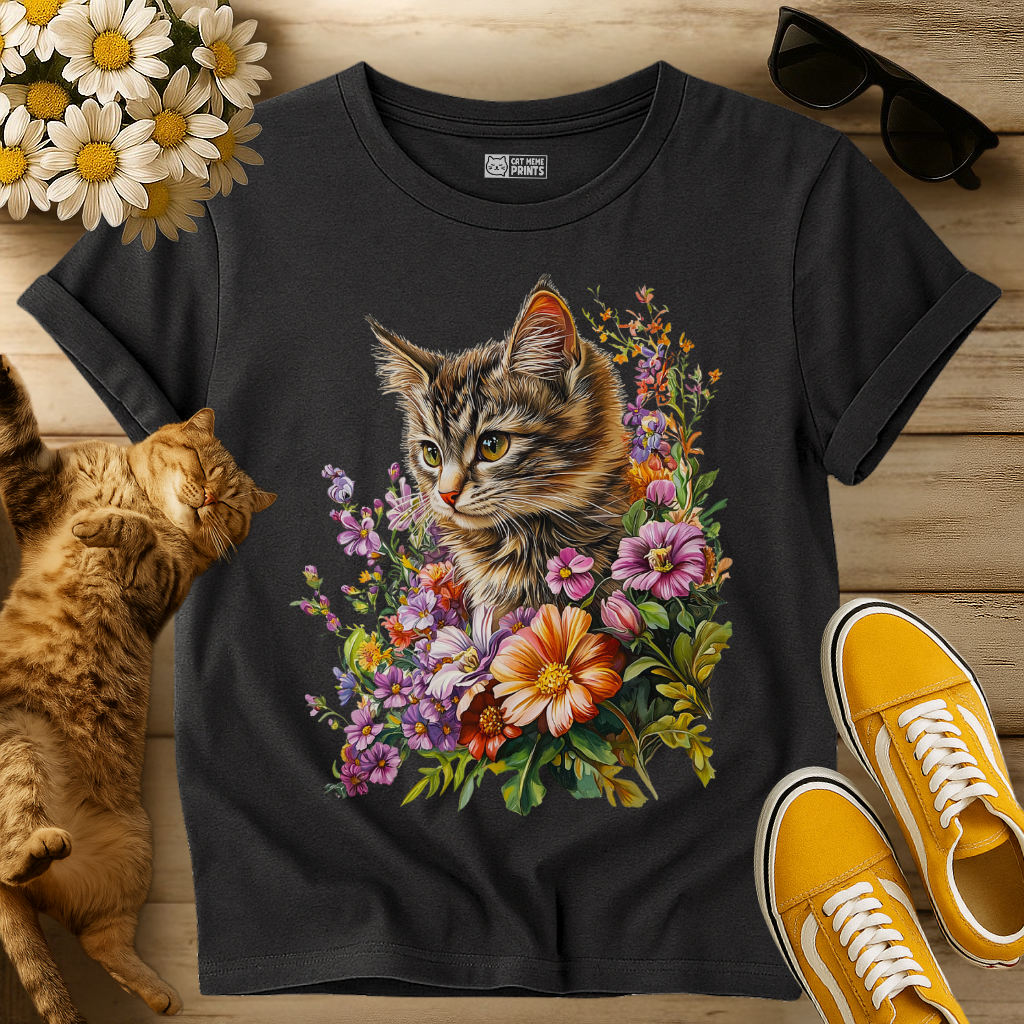 Cute Kitten Floral Graphic T-Shirt