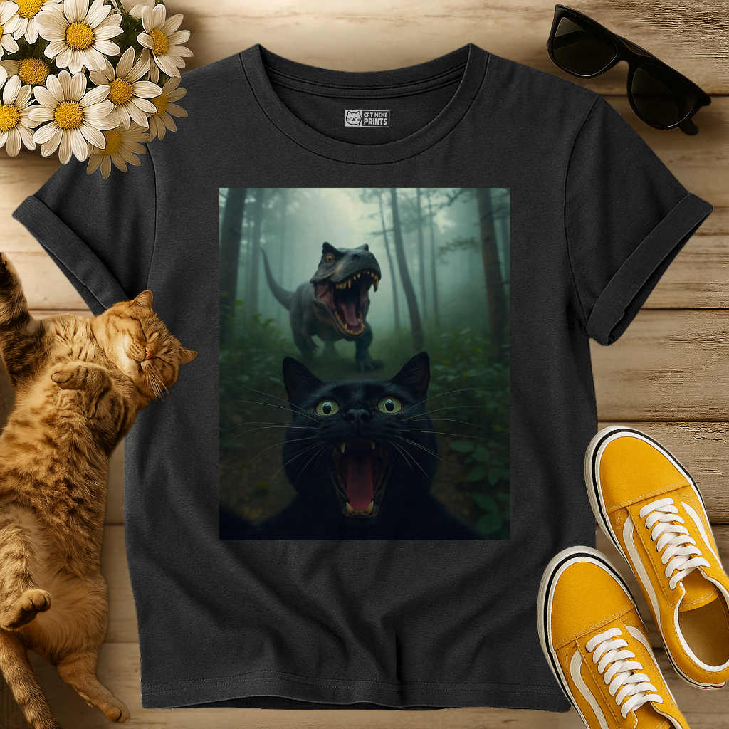 Black Cat Selfie with T-Rex T-Shirt