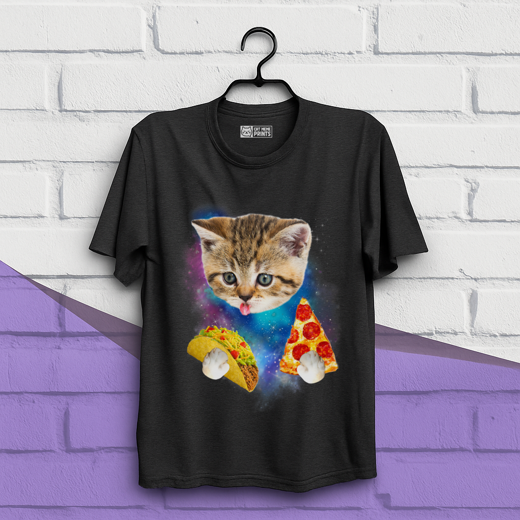 Cat Eat Pizza & Taco in Galaxy Space T-Shirt