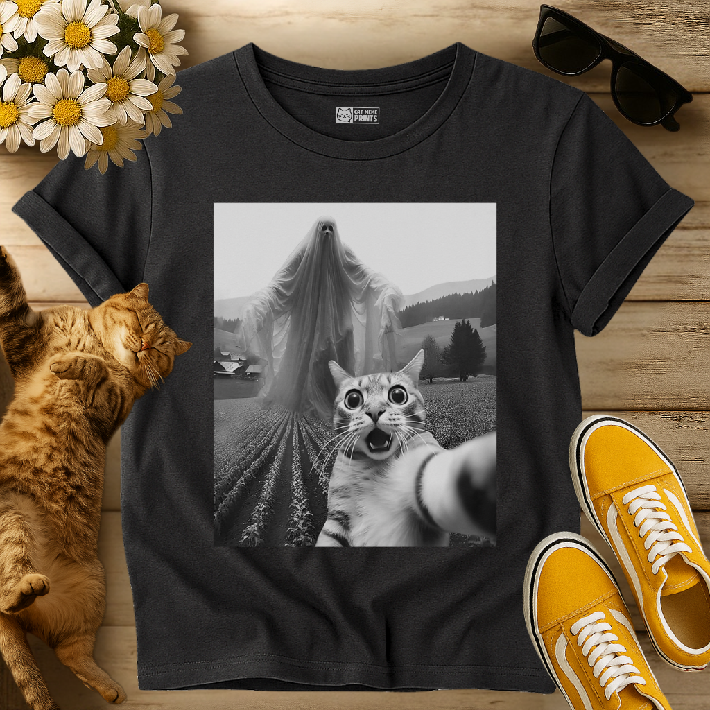 Cat Selfie with Spooky Ghost T-Shirt
