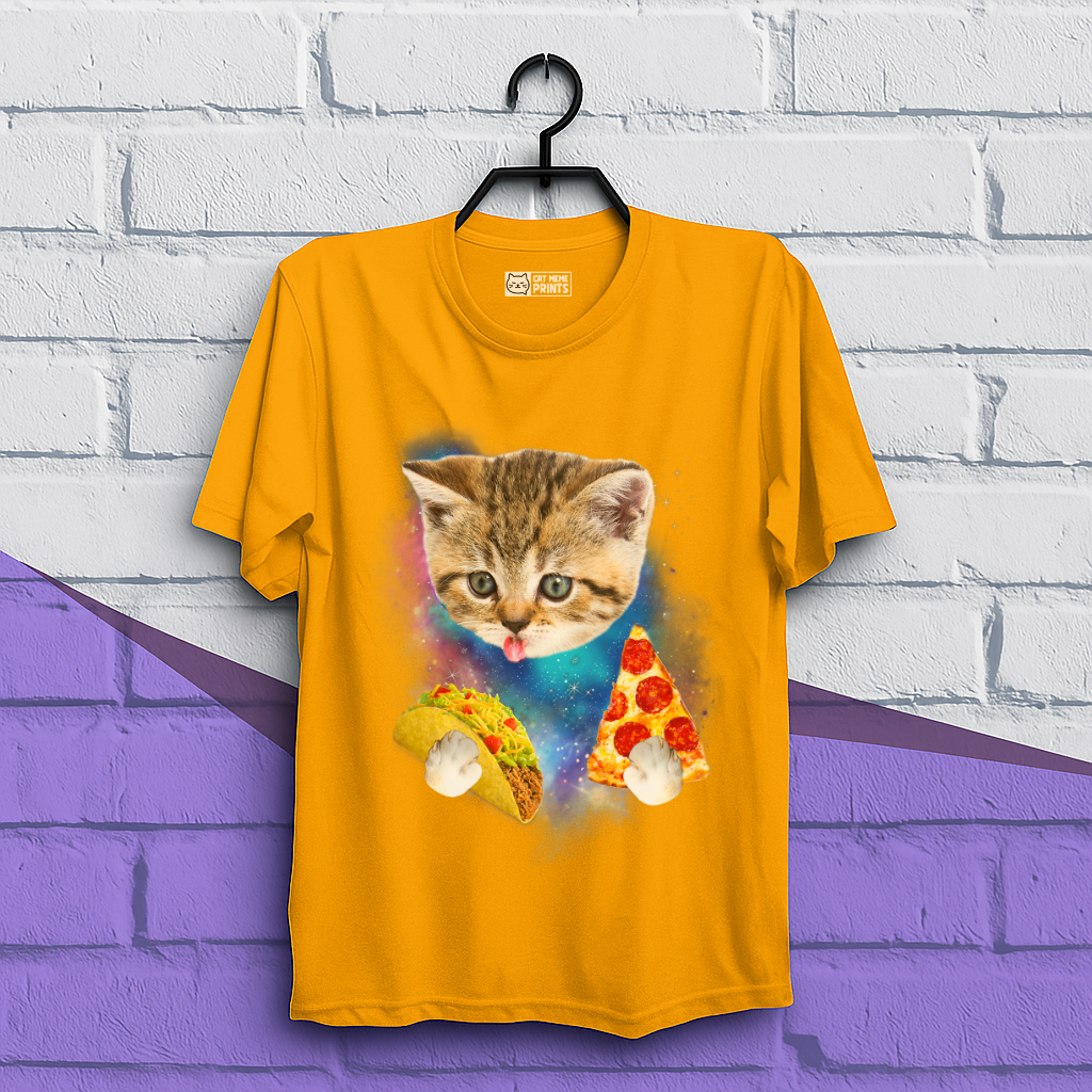 Cat Eat Pizza & Taco in Galaxy Space T-Shirt