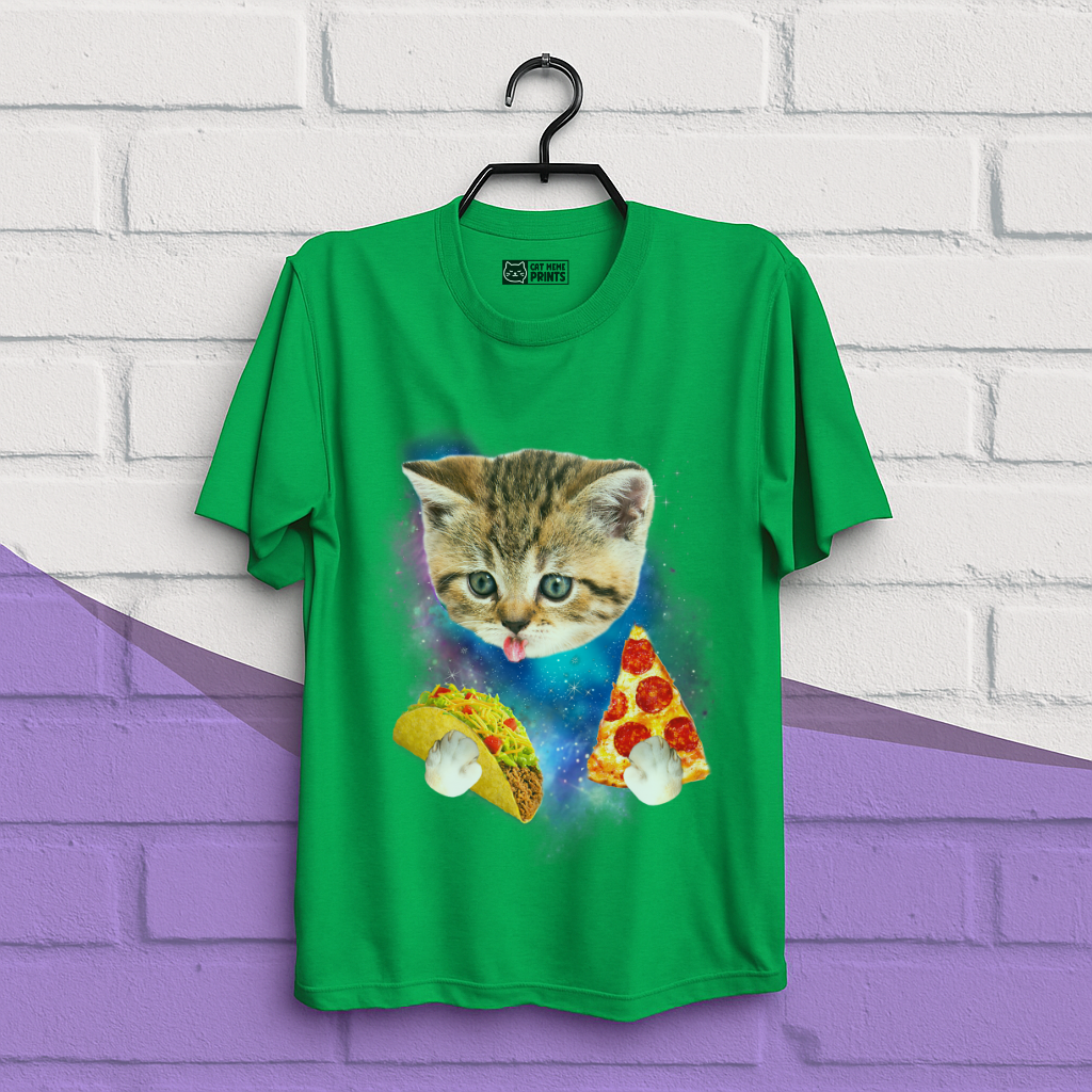 Cat Eat Pizza & Taco in Galaxy Space T-Shirt