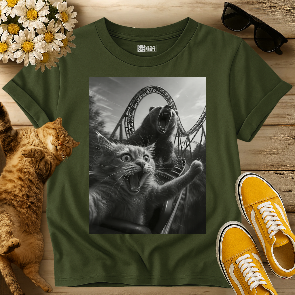 Cat Selfie with a Bear on a Roller Coaster T-Shirt