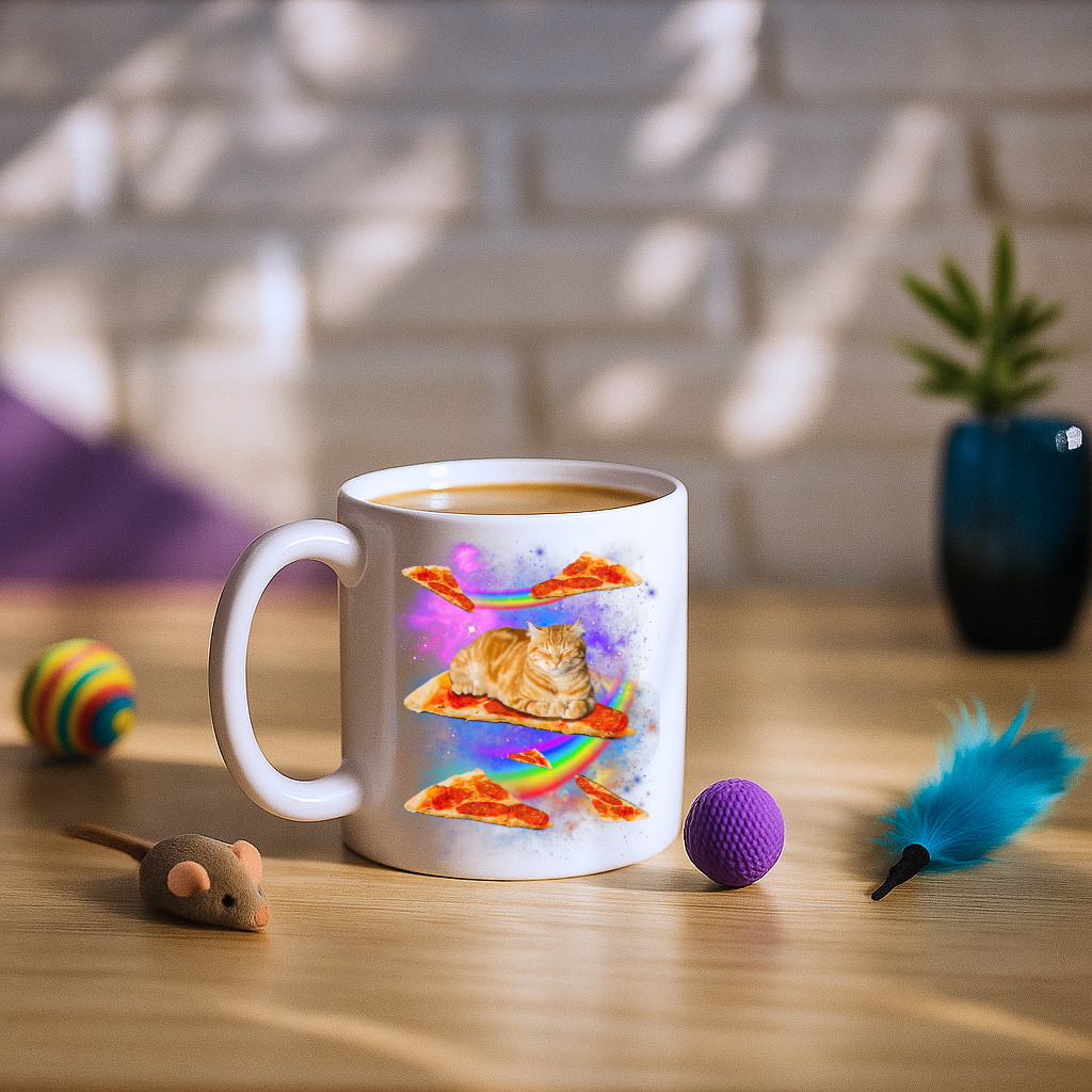 Cat Riding Pizza In Space Galaxy Mug