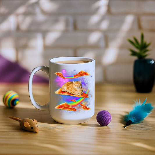 Cat Riding Pizza In Space Galaxy Mug