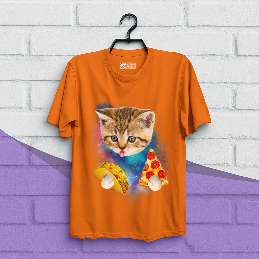 Cat Eat Pizza & Taco in Galaxy Space T-Shirt