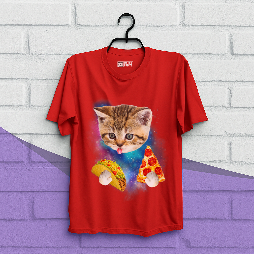 Cat Eat Pizza & Taco in Galaxy Space T-Shirt