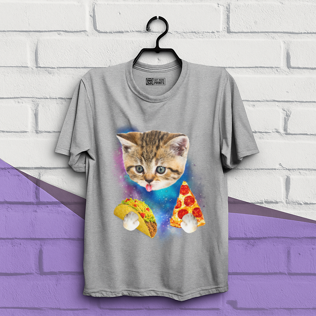 Cat Eat Pizza & Taco in Galaxy Space T-Shirt