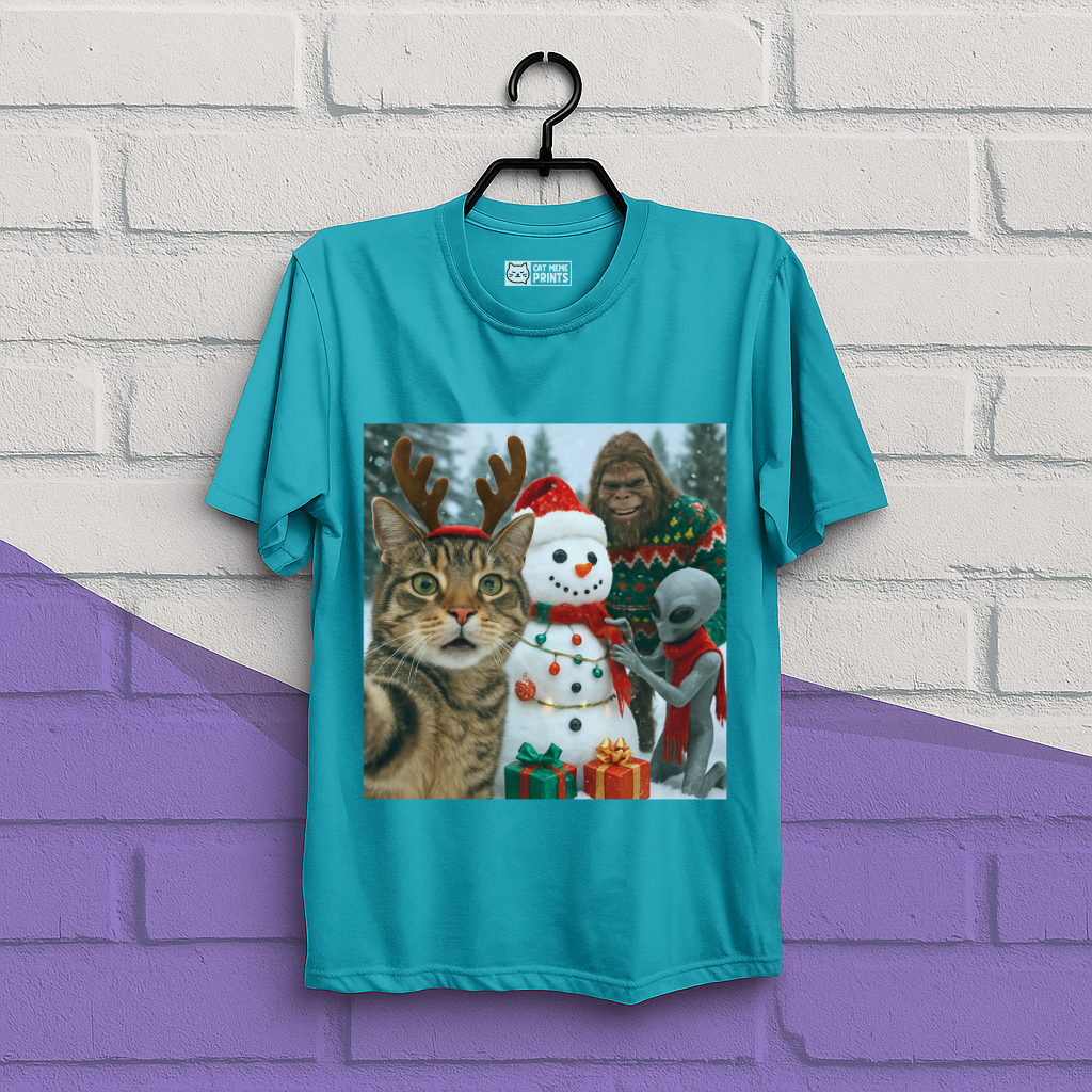 Cat Selfie with Bigfoot Alien & Snowman Christmas T-Shirt
