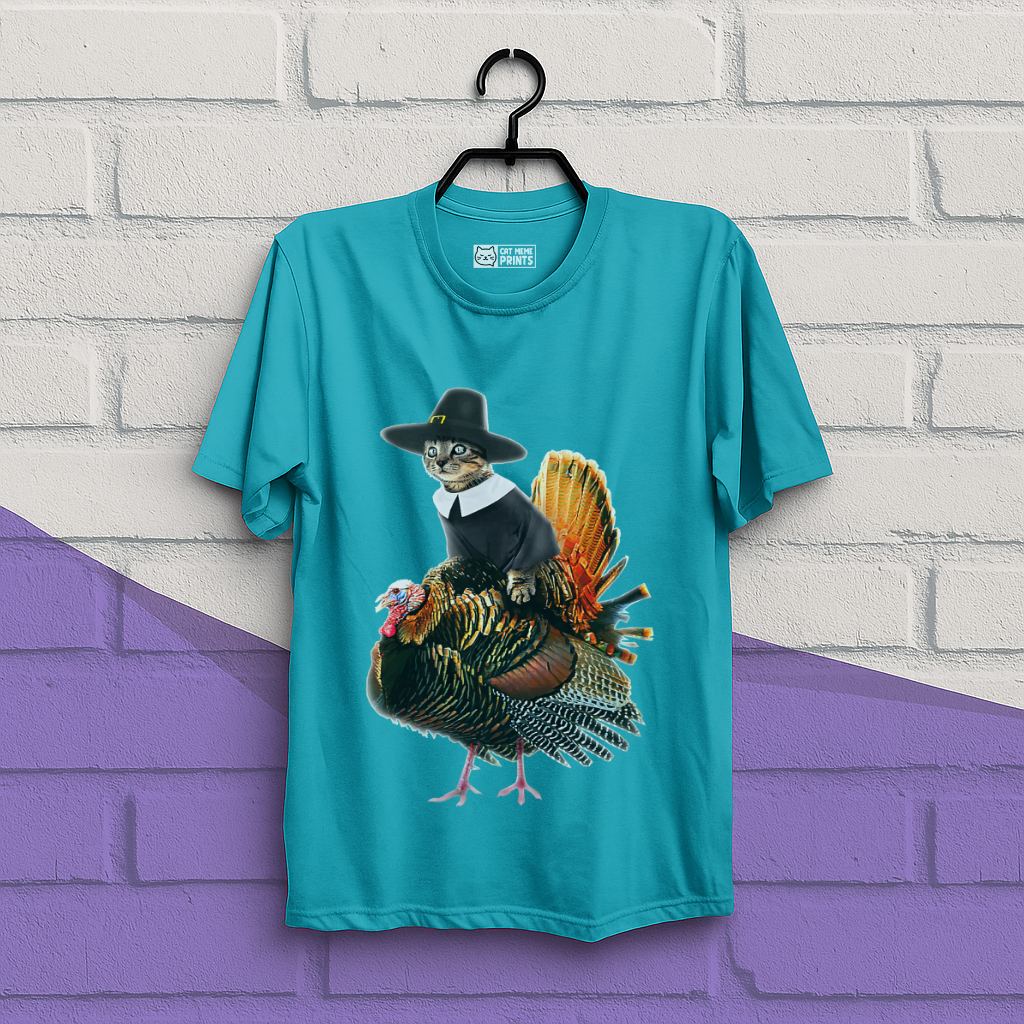 Cat Pilgrim Riding Turkey Thanksgiving T-Shirt