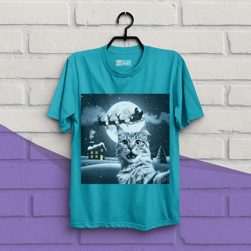 Cat Selfie with Santa Sleigh Christmas T-Shirt