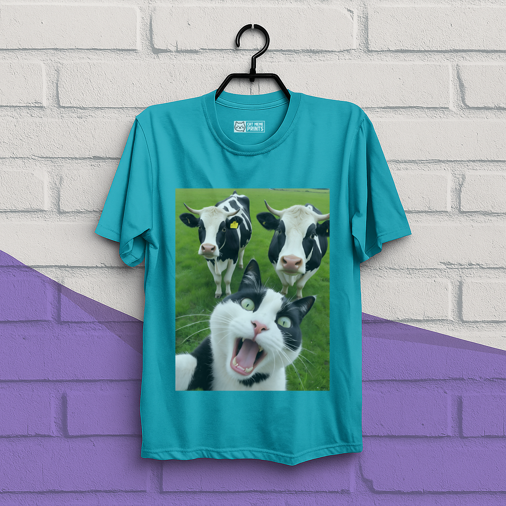 Cat Selfie With Black And White Cow T-Shirt