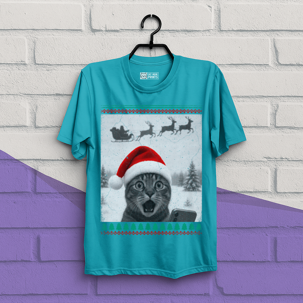 Christmas Cat Selfie with Santa Sleigh T-Shirt