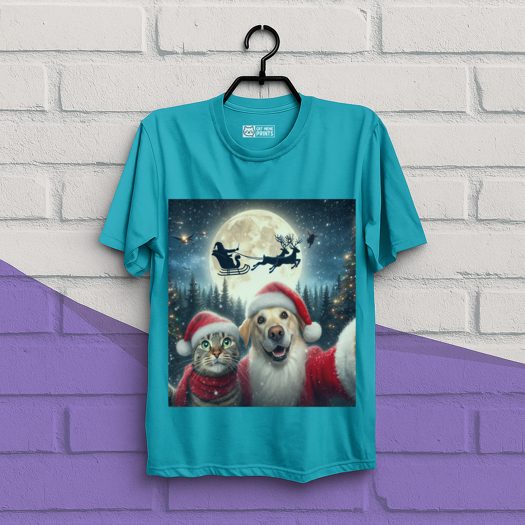 Cat and Dog Selfie with Santa Claus Christmas T-Shirt