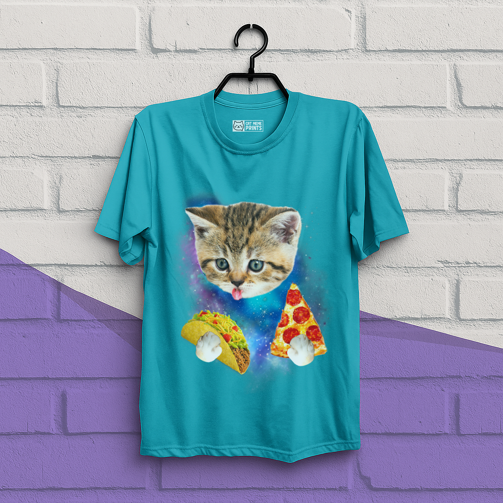 Cat Eat Pizza & Taco in Galaxy Space T-Shirt