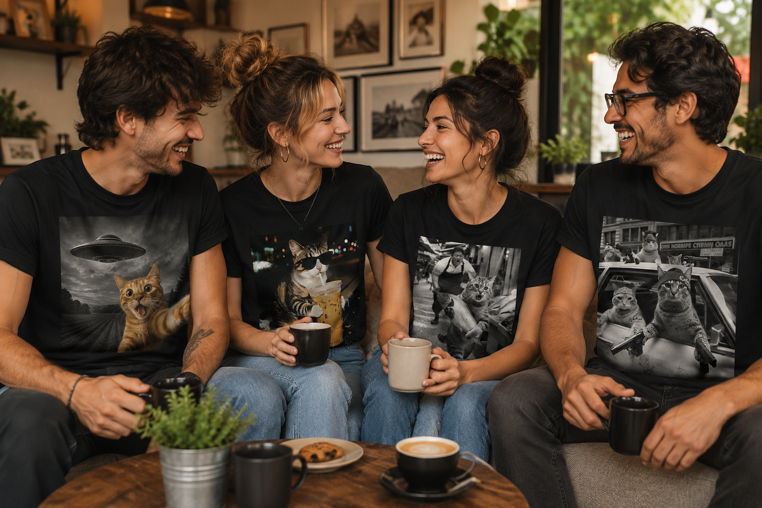 Funny cat graphic t-shirts featuring cat selfie, crazy cat, and gangster cat designs for cat lovers.