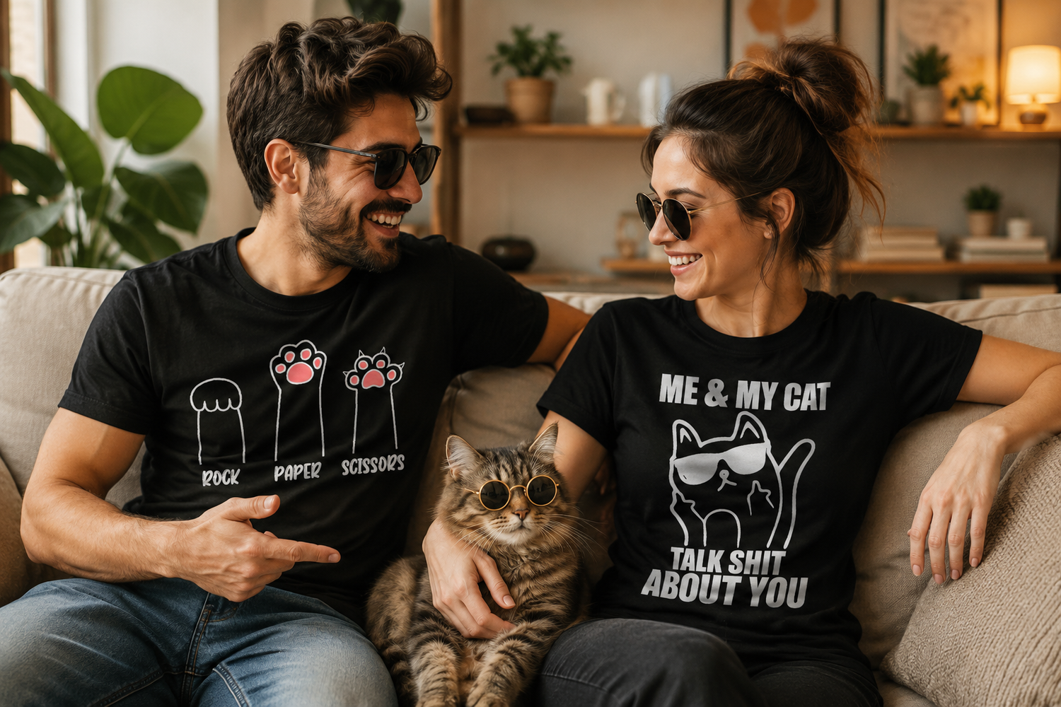 Couple wearing funny cat humor t-shirts featuring playful cat graphic designs