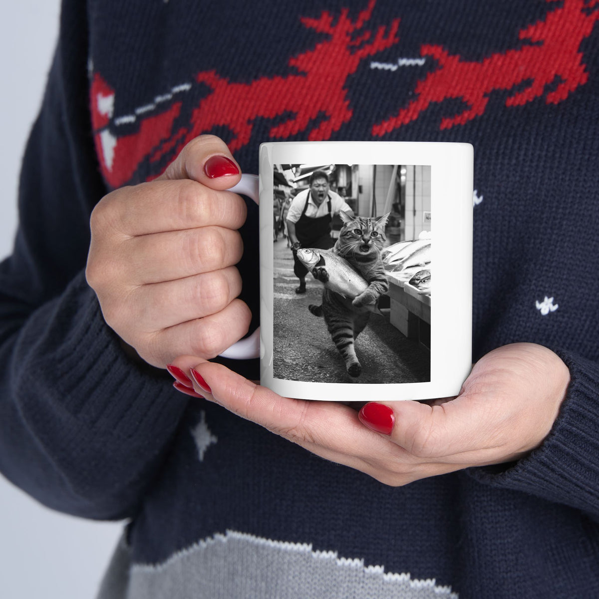 Cat Steals at the Fish Market Mug