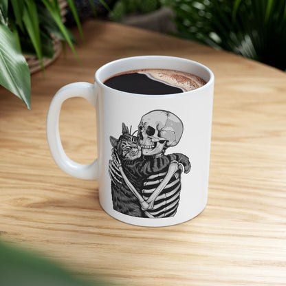 Skeleton Hugging Cat Mug