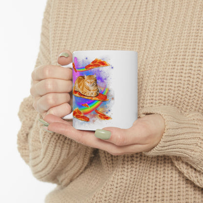 Cat Riding Pizza In Space Galaxy Mug