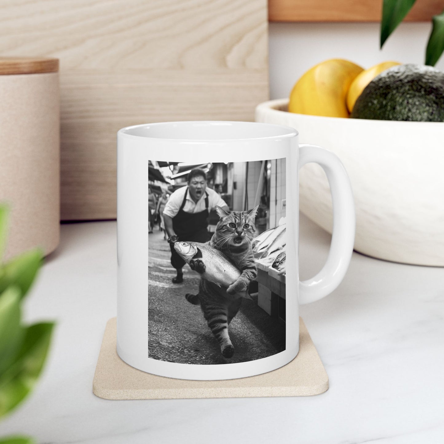 Cat Steals at the Fish Market Mug