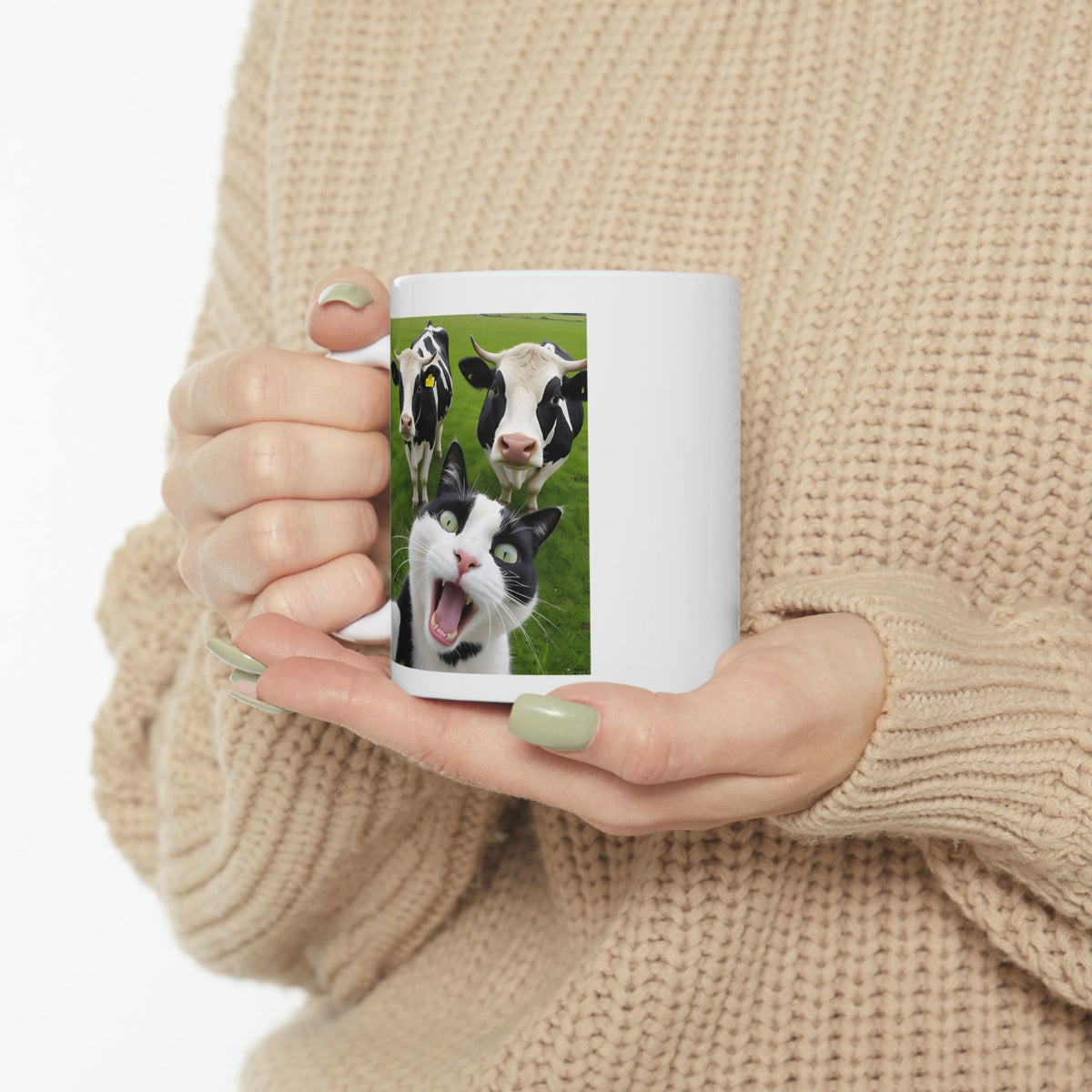 Cat Selfie With Black And White Cow Mug