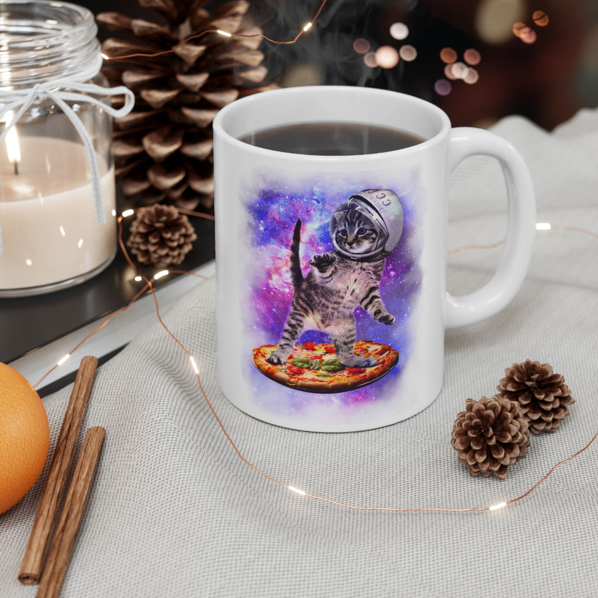 Cat Flying A Pizza Astronaut Mug