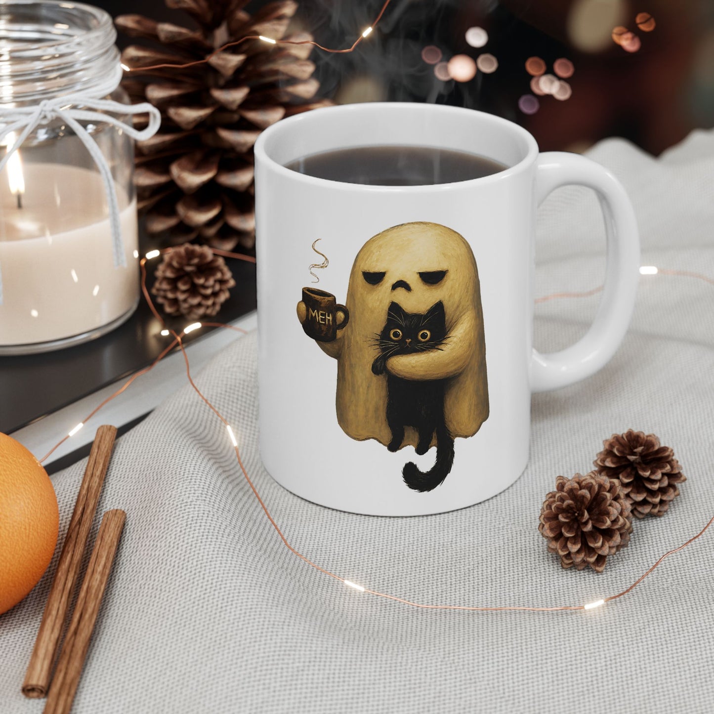 Spooky Ghost Holding Black Cat Coffee Mug
