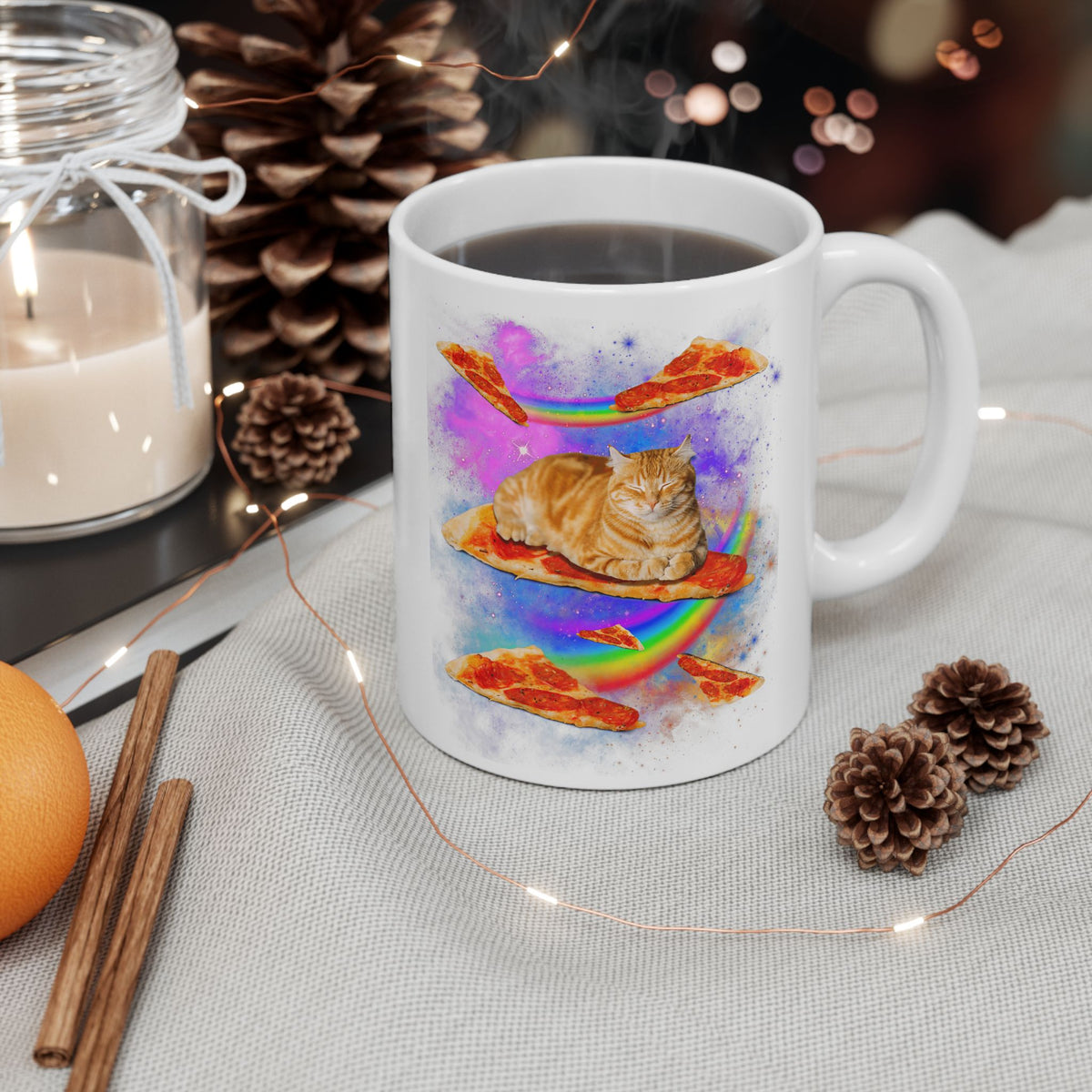 Cat Riding Pizza In Space Galaxy Mug