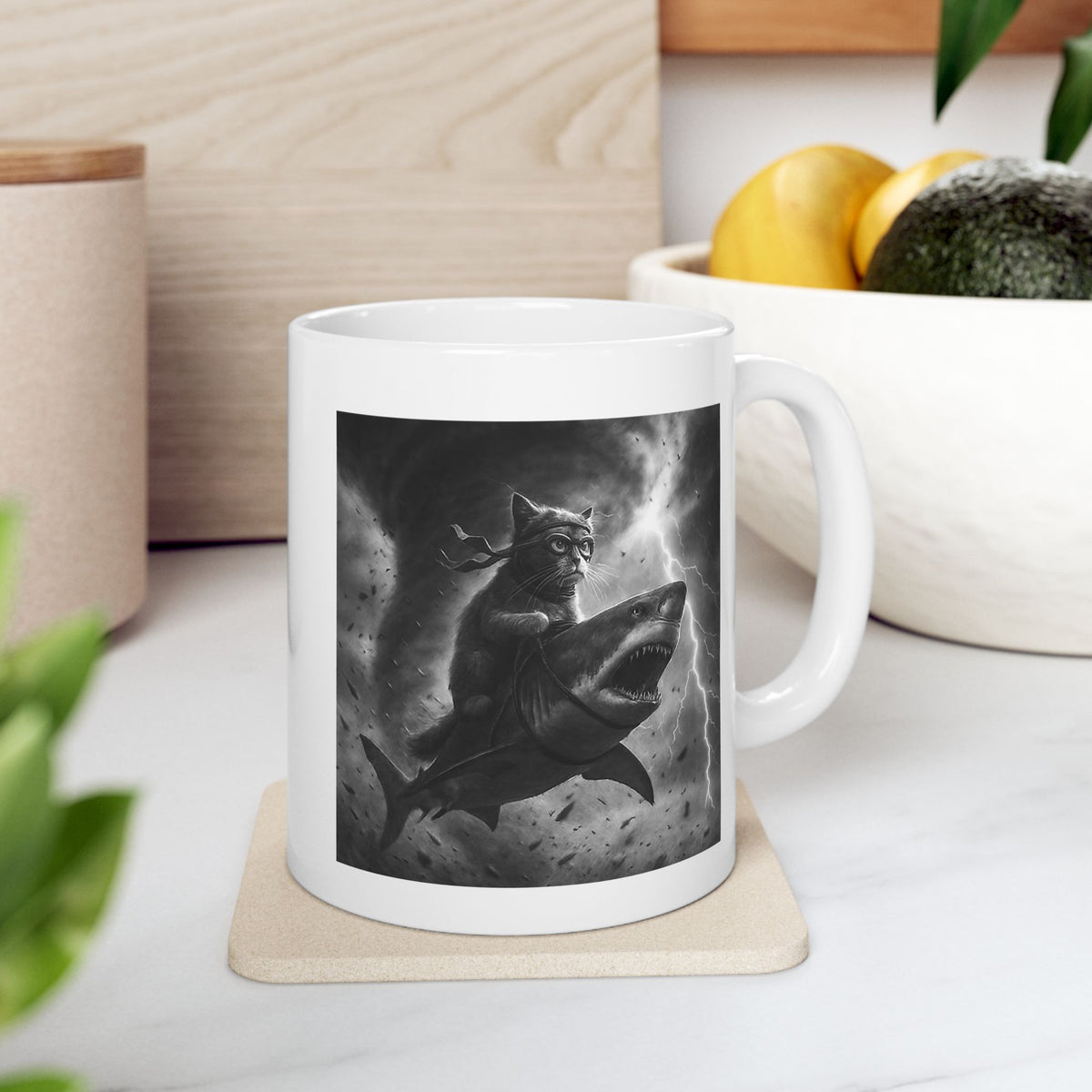 Cat Riding a Shark in Tornado Mug