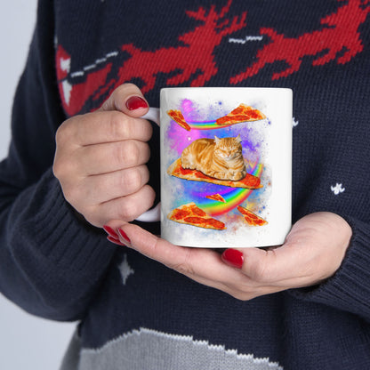 Cat Riding Pizza In Space Galaxy Mug