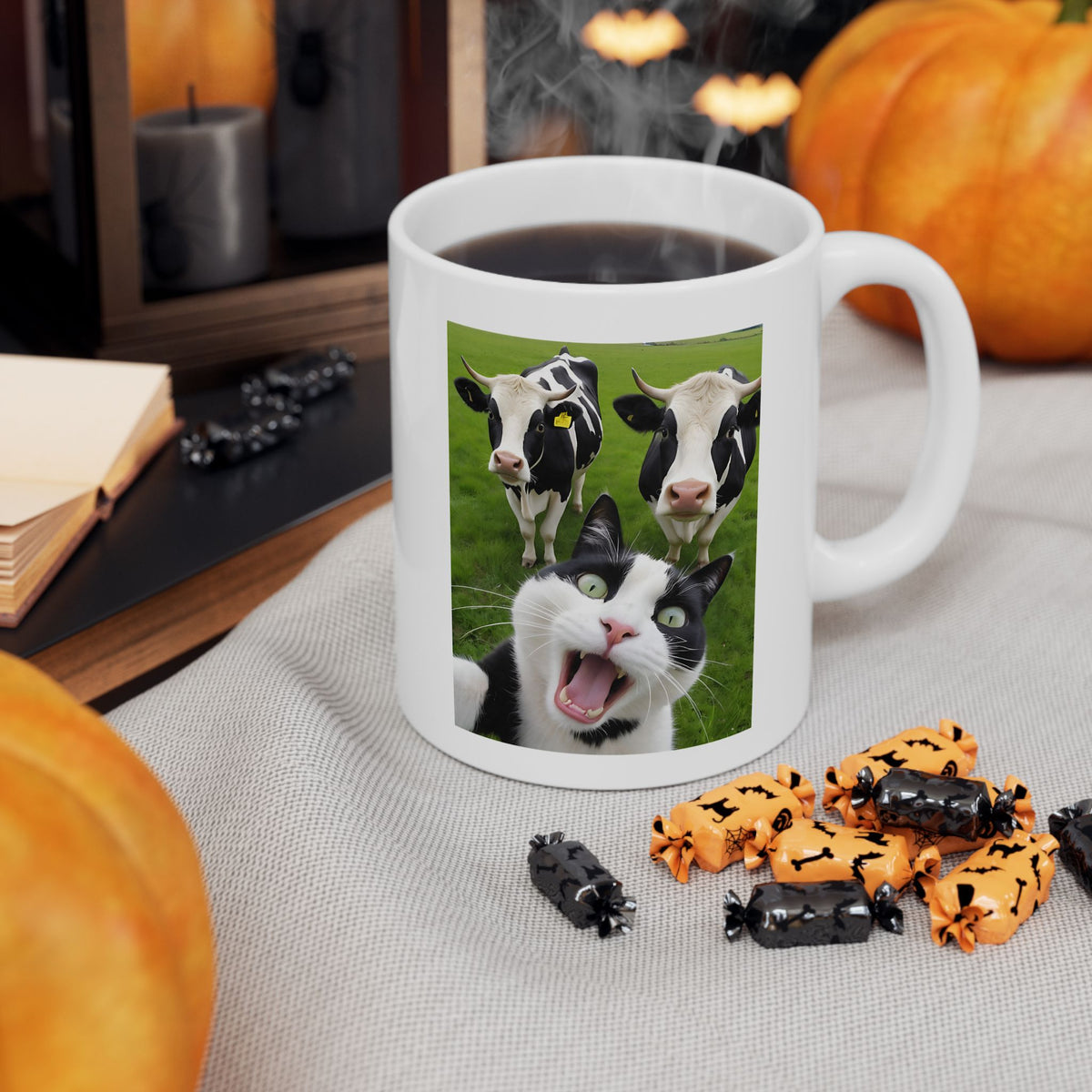 Cat Selfie With Black And White Cow Mug
