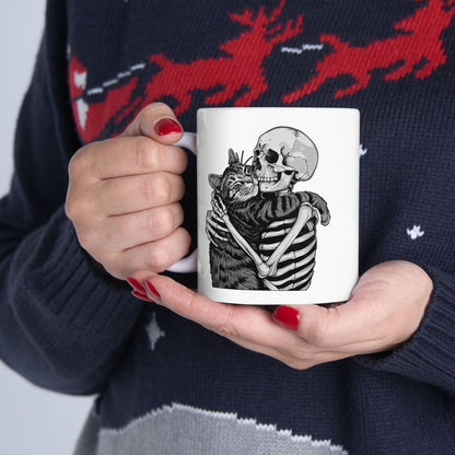 Skeleton Hugging Cat Mug