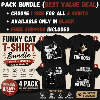🏷️ 4 Tuxedo Cat T-Shirts Bundle