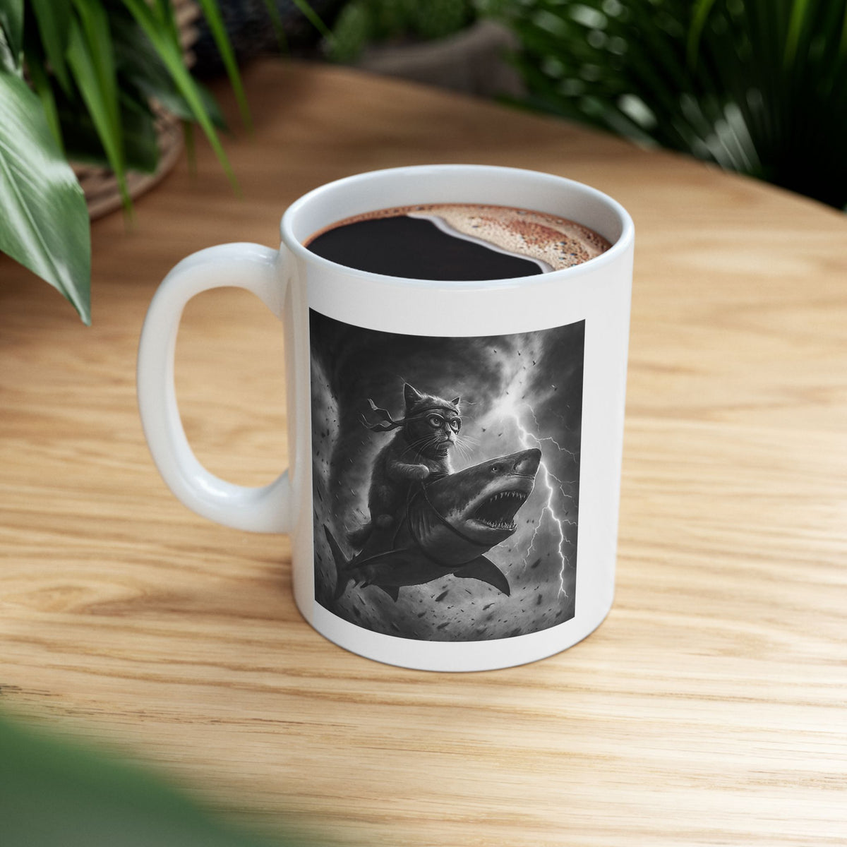 Cat Riding a Shark in Tornado Mug