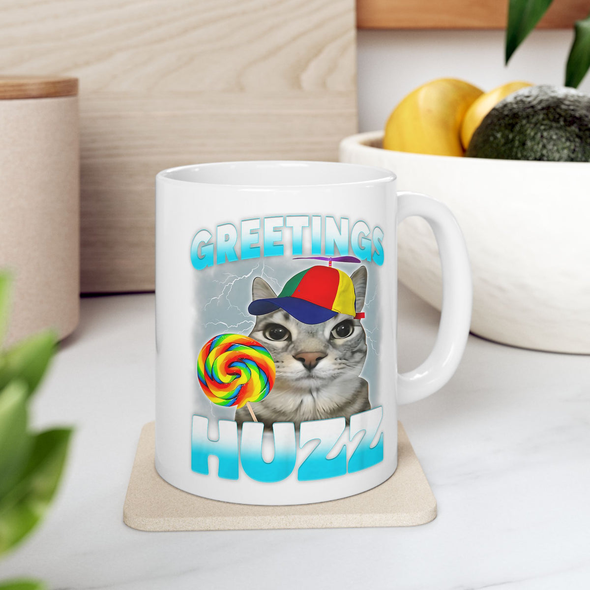 Greetings Huzz Cat Mug