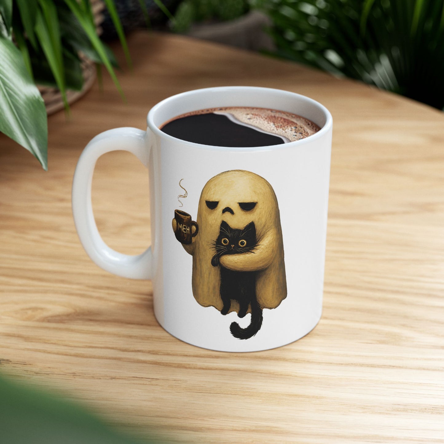 Spooky Ghost Holding Black Cat Coffee Mug