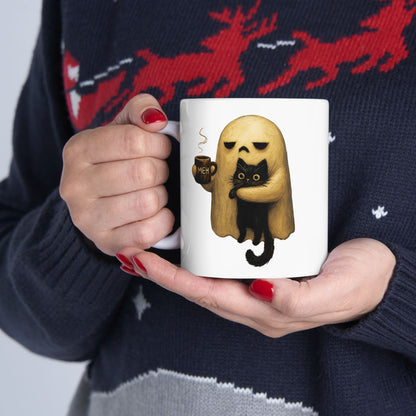 Spooky Ghost Holding Black Cat Coffee Mug