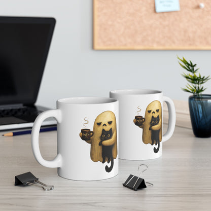 Spooky Ghost Holding Black Cat Coffee Mug