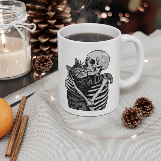 Skeleton Hugging Cat Mug