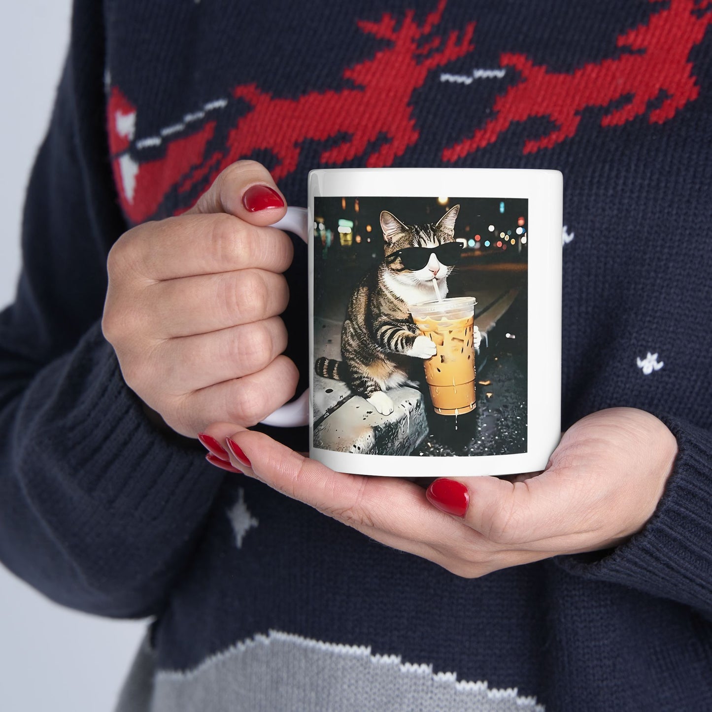 Cat Drinking Iced Coffee Mug