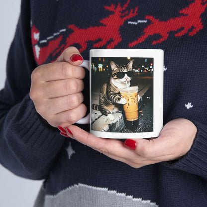 Cat Drinking Iced Coffee Mug