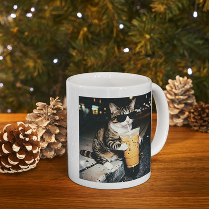 Cat Drinking Iced Coffee Mug