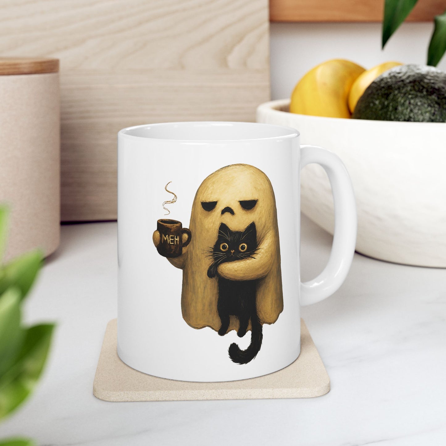 Spooky Ghost Holding Black Cat Coffee Mug
